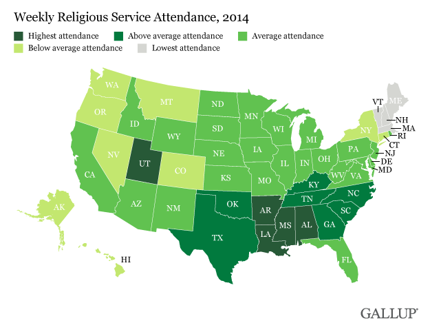 Church Attendance by State—Gallup 2014