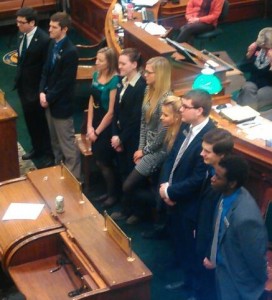 Interns for the 2015 South Dakota Legislature receive congratulations from SD Senate at end of session, 2015.03.13.