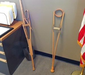 Crutches of friends past in Mayor Sam Kooiker's office, Rapid City, South Dakota.