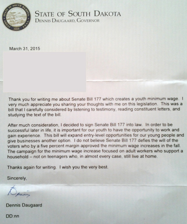 Governor Dennis Daugaard, letter, 2015.03.31