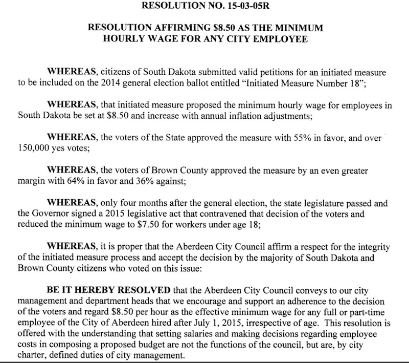 Aberdeen City resolution affirming the ballot initiative, repudiating SB 177's attack thereupon, and  supporting the same minimum wage for all city workers, regardless of age.