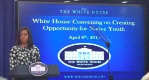 First Lady Michelle Obama addresses a White House meeting on American Indian youth, April 8, 2015.