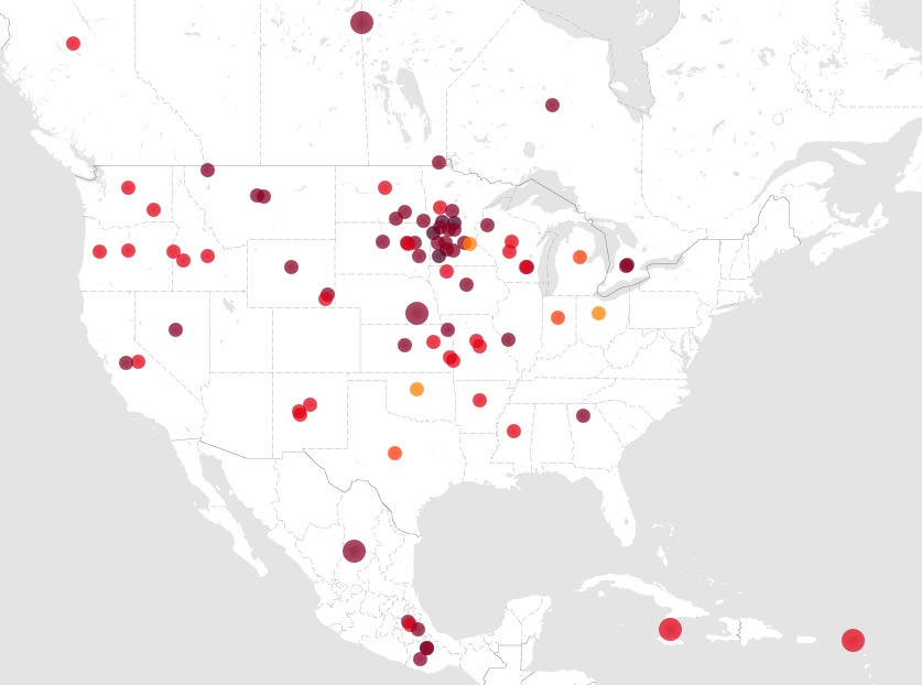 HealthMap.org mapping of avian influzenza outbreaks in last month. Screen capped 2015.04.18.