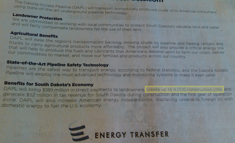 Energy Partners, propaganda for Dakota Access Pipeline, Aberdeen American News, 2015.05.04, p. 9A. (Highlighted text shows job-creation claim.)