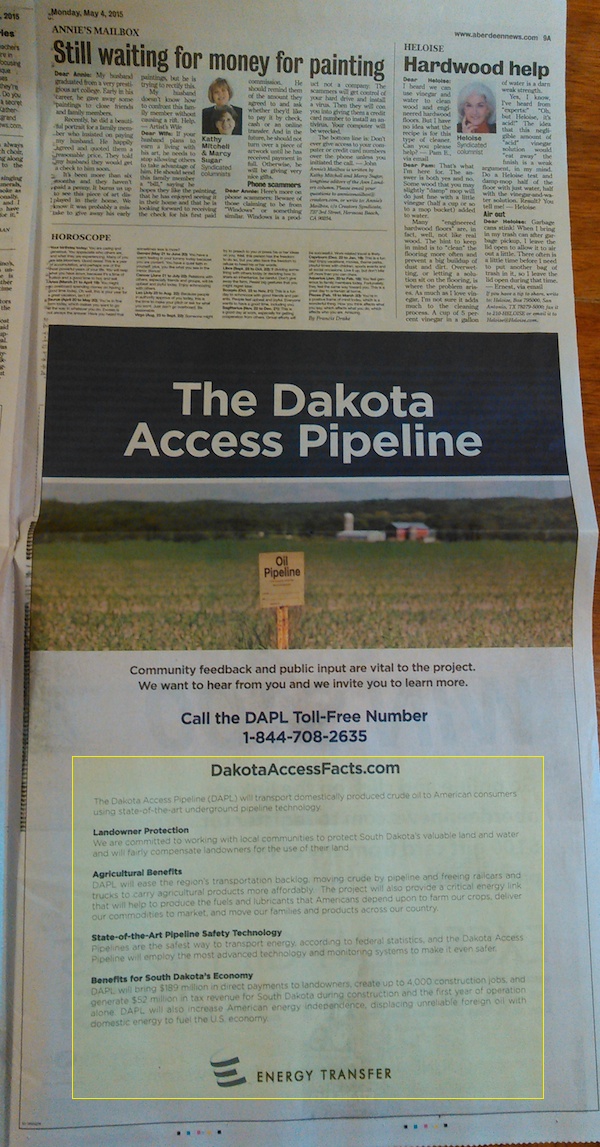 Energy Partners, propaganda for Dakota Access Pipeline, Aberdeen American News, 2015.05.04, p. 9A.