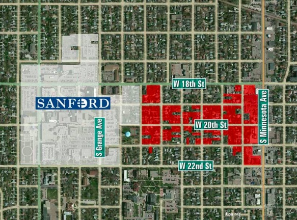 Property purchased by Sanford health over last decade in Sioux Falls. Map by KELO-TV.