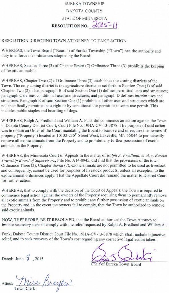 Eureka Township, MN, Resolution 2015-11, signed by Eureka Town Board Chair Brian J. Budenski 2015.06.08.