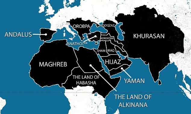 Map attributed to Islamic State by Frances Martel, "ISIS Releases Map of 5-Year Plan to Spread from Spain to China," Breitbart.com, 2014.07.01