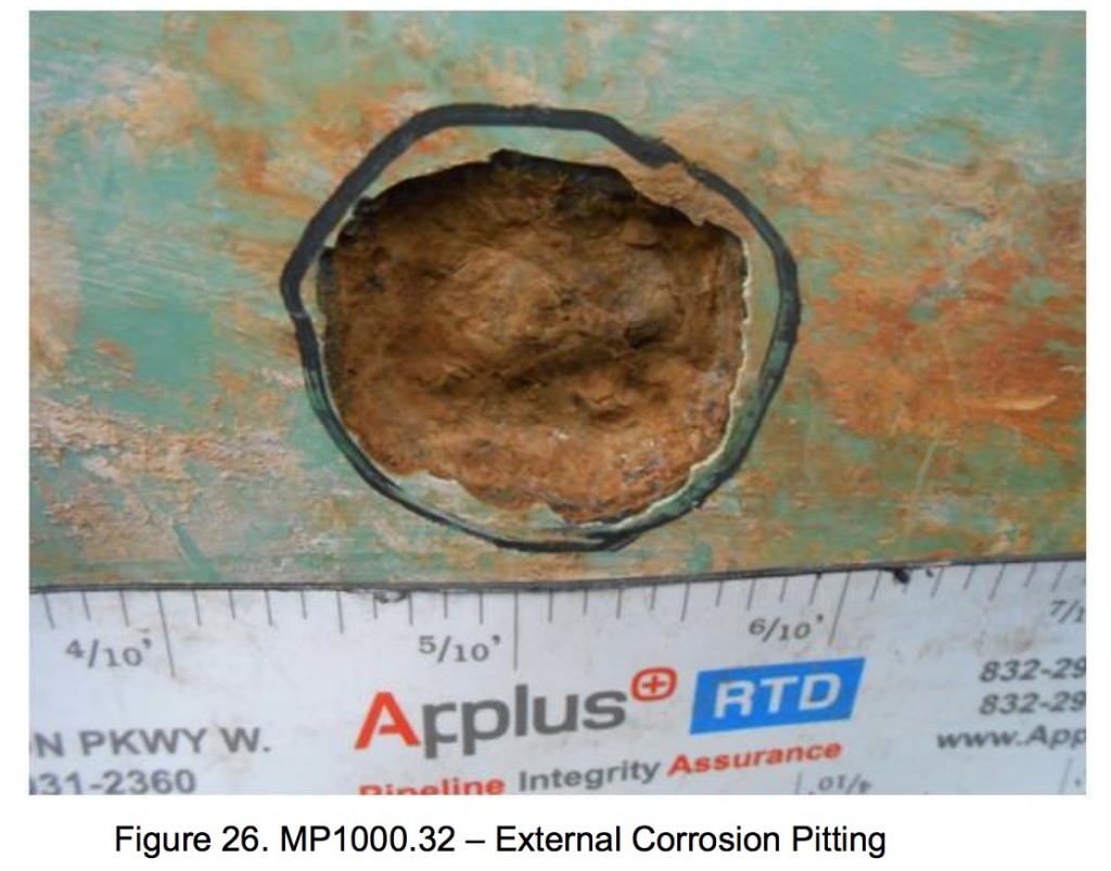 Corrosion on Keystone I pipeline, documented in Kevin C. Garrity, P.E., Senior Vice-President, Mears Group, "Study of Root Cause and Contributing Factors—Keystone Pipeline Corrosion Anomaly Investigation Final Report," prepared for and accepted by TransCanada, 2013.02.12