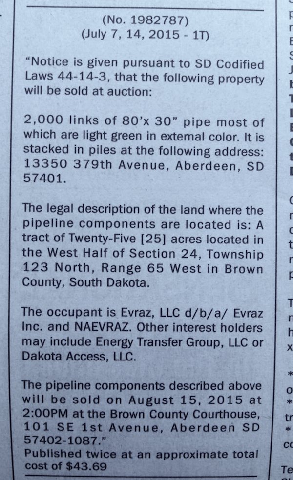 Announcement of auction of 2000 segments of oil pipeline, Aberdeen American News, 2015.07.14, p. 4D