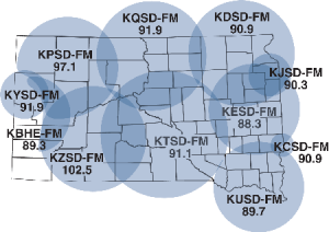 South Dakota Public Broadcasting FM radio frequencies across South Dakota