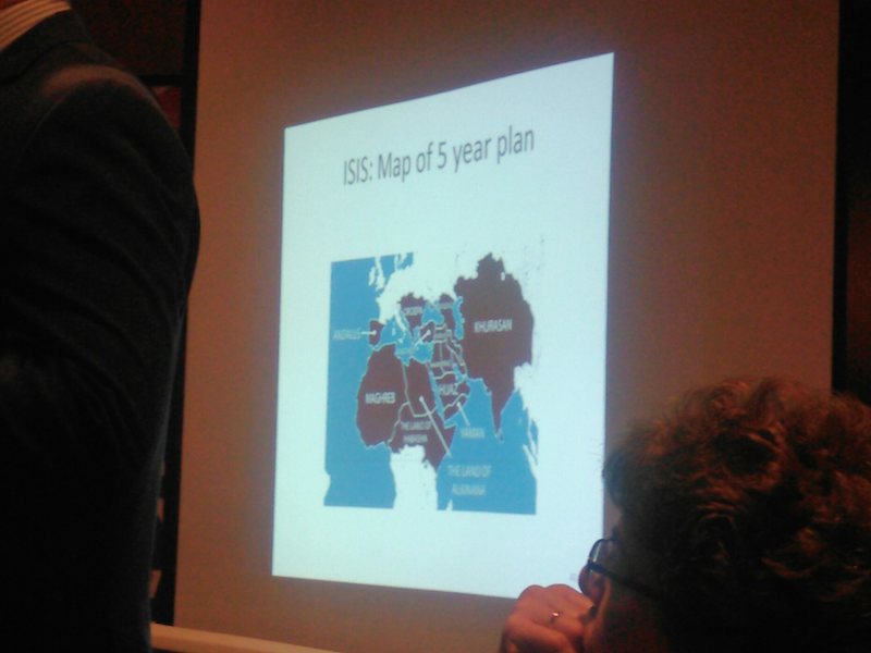 "ISIS: Map of 5 year plan"—slide in Jason Ravnsborg's presentation on Islam and ISIS, Aberdeen, South Dakota, 2015.07.09
