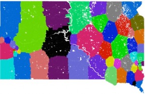 Will there be hexagons? Possible equipopulational South Dakota Legislative districts, drawn by pure math! (Image by Brian Olson, BDistricting.com; click for my December 28, 2014, Madville Times post on the topic!)