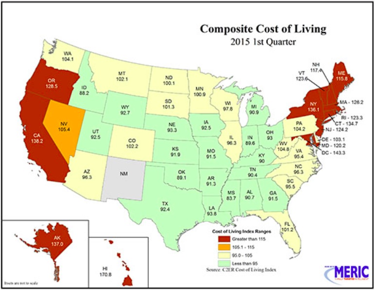 Cost of living by state, ACCRA data, graphic by Missouri Economic Research and Information Center, downloaded 2015.07.06