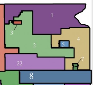 Gerrymandering example 1: District 2 splits strong Dem Brown County in two along an arbitrary diagonal, then snakes all the way southeast to grab some Hamlin County Republicans to protect Brock Greenfield's seat in the Legislature.
