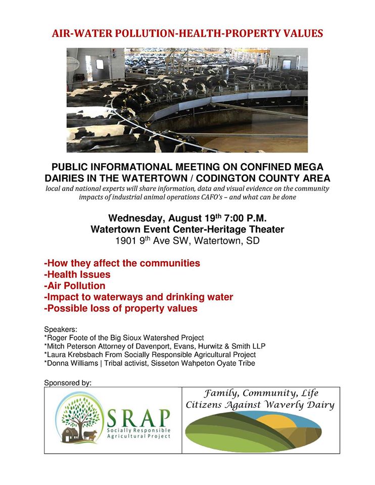 Citizens Against Waverly Dairy, poster for info session on mega-dairies, Watertown, South Dakota, 2015.08.19
