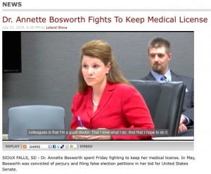Annette Bosworth offers closing arguments at license-revocation hearing, South Dakota Board of Medical and Osteopathic Examiners, Sioux Falls, SD, 2015.07.31. Screen cap from KELO-TV.