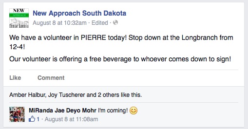 New Approach South Dakota, Facebook post, 2015.08.08, screen cap 2015.08.11.