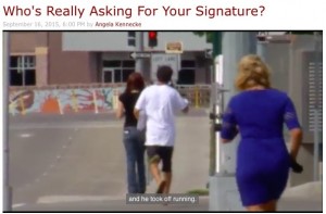 Action News! Angela Kennecke chases an illegal petition circulator for the best South Dakota television this year! Screen cap from KELO-TV, 2015.09.16.
