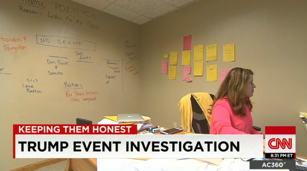 Screen cap from CNN showing Annette Bosworth's wall, scribbled with names and topics from her failed 2014 U.S. Senate campaign and the fallout, 2015.09.17.