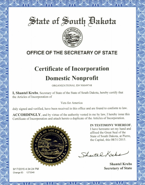 Certificate of Incorporation, Vets for America, 2015.08.31
