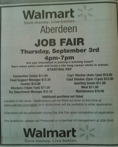 Walmart hiring ad, Aberdeen American News, 2015.09.01, p. 2D.