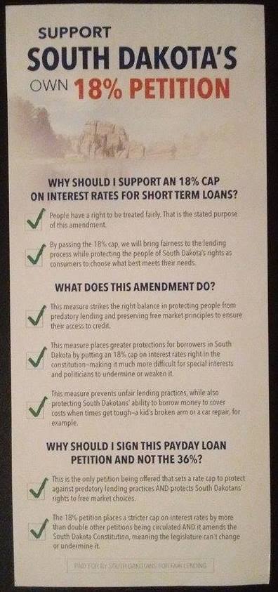 petition pamphlet from Lisa Furlong's "South Dakotans for Fair Lending", promoting fake 18% rate cap.