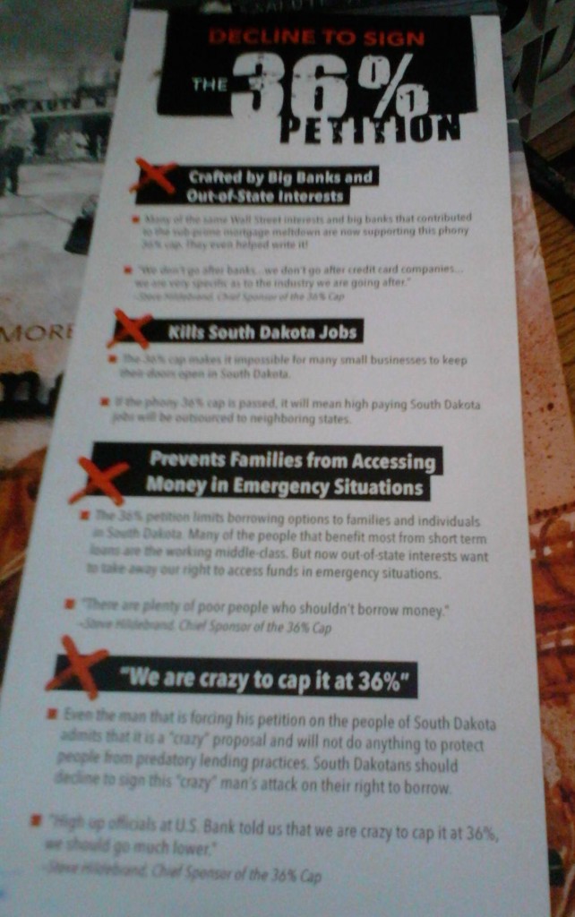 petition pamphlet from Lisa Furlong's "South Dakotans for Fair Lending", discouraging signers of real 36% rate cap.