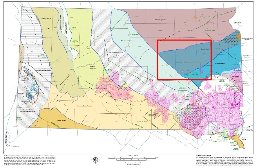 Counties included in Deep Borehole Field Test representative area in South Dakota: Faulk, Hand, Spink, Beadle, Clark, and Kingsbury. From Arnold et al./Sandia, September 2014, p. 11.