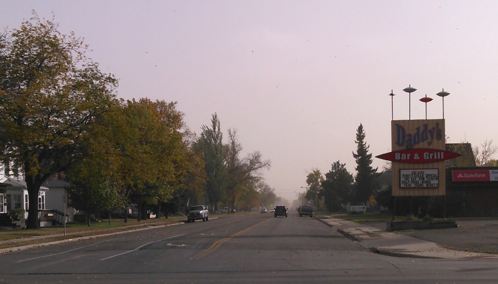 Dusty front obscures Main Street, Aberdeen, South Dakota, 2015.10.11.