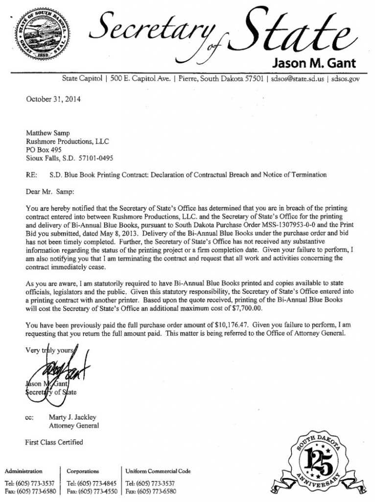 Jason Gant, South Dakota Secretary of State, letter to Matthew Samp, Rushmore Productions, 2014.10.31