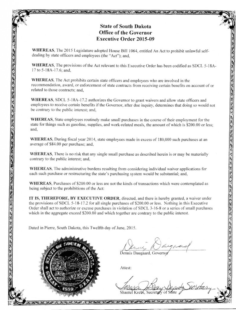 Governor Dennis Daugaard, Executive Order 2015-09, 2015.06.12.