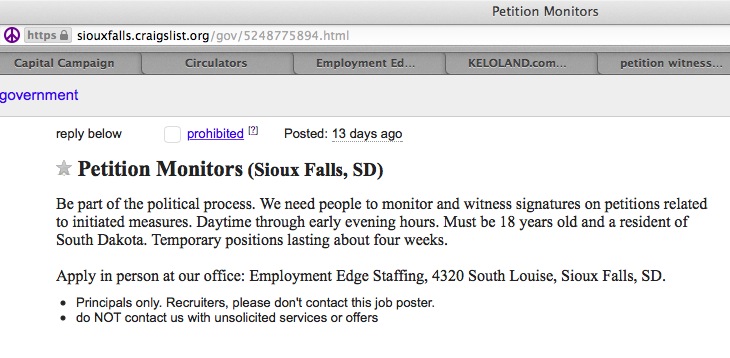 Screen cap, Sioux Falls Craigslist, petition monitor job post, October 2, 2015.