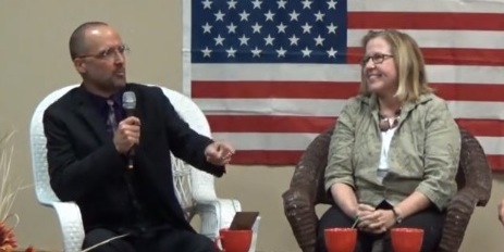 Cory Allen Heidelberger and Ann Tornberg at Brown County Democrats' Front Porch Forum, Aberdeen, SD, 2015.11.05. Screen cap from video by Ken Santema.