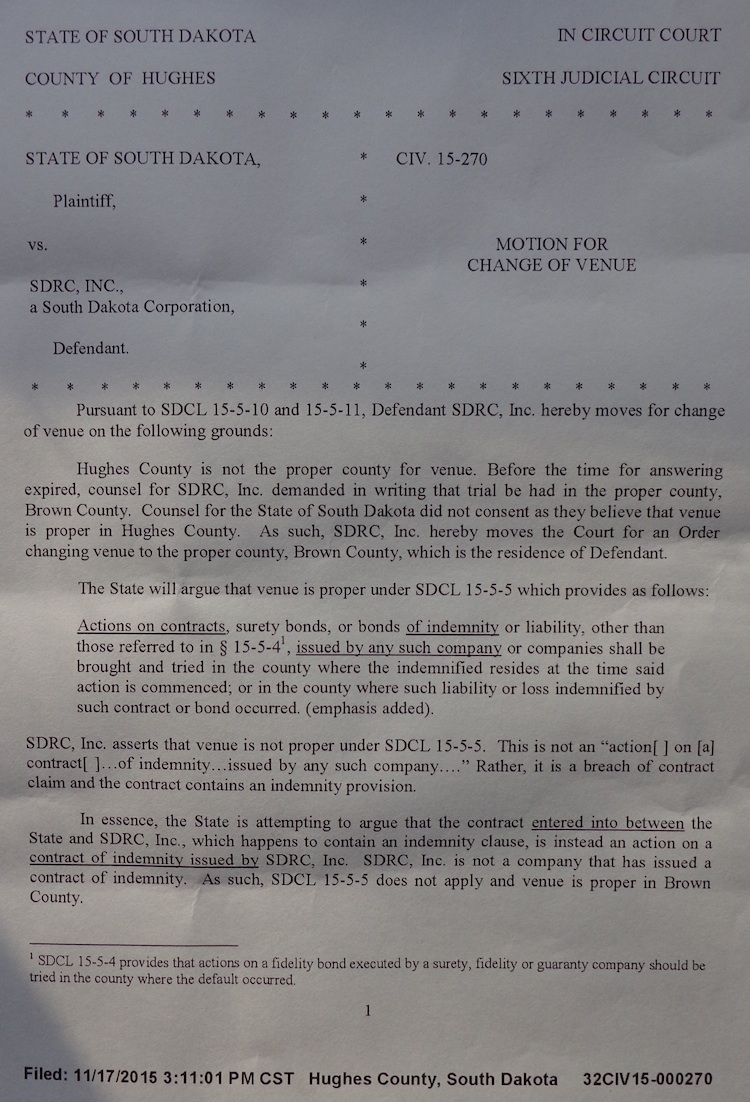 Defendant's Motion for Change of Venue, State of SD v SDRC Inc., 2015.11.17