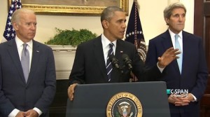 President Barack Obama announces Keystone XL ain't happening. Vice-President Joe Biden and Secretary of State John Kerry listen. Screen cap from C-Span, 2015.11.06.