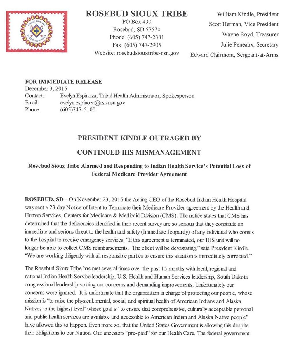 Rosebud Sioux Tribe press release, 2015.12.03, p. 1.