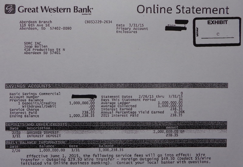 Great Western Bank statement, SDRC Inc commercial savings account, 2015.03.31; presented as Exhibit C in state's motion for preliminary injunction, State of South Dakota v. SDRC Inc., 32CIV15-000270, 2015.12.04