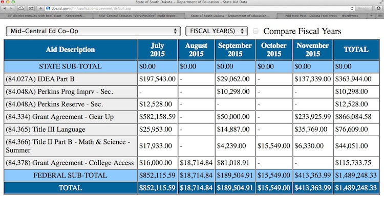 SD Dept. Education payments database, screen cap 2015.12.04
