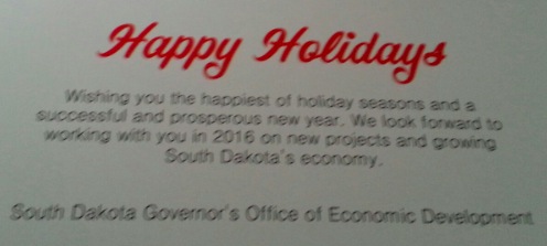 South Dakota Governor's Office of Economic Development, holiday card, 2015 (inside) 