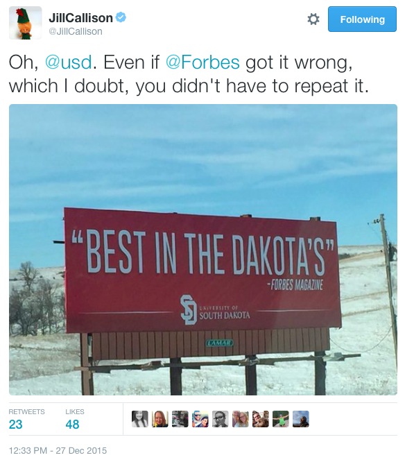 USD billboard with erroneous apostrophe, 2015