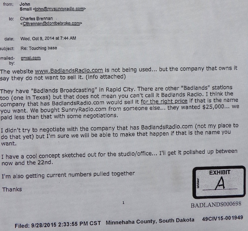 John Small to Chuck Brennan, e-mail, 2014.10.08; from Brennan Affidavit, Exhibit A, 49CIV15-001949, 2015.09.28, p. 1