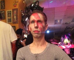 Red Rooster co-owner Dan Cleberg on Halloween 2015 as David Bowie... or is he really Harrison Wells, hiding out after the apparent demise of the Reverse Flash?