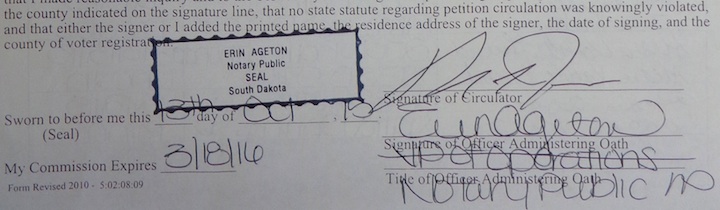 Sample notary seal obstructing petition verification date, 2015.10.13.