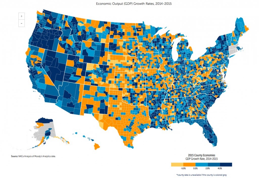 GDP Change by county, 2014–2015, National Association of Counties, January 2016. (Click for NACo's interactive map!)