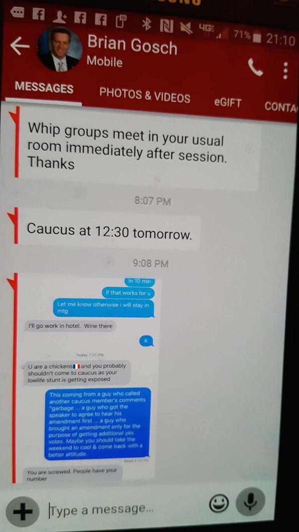 Rep. Brian Gosch phone screen cap, reported to come from 2016.02.18 text conversation with Rep. Lee Schoenbeck.