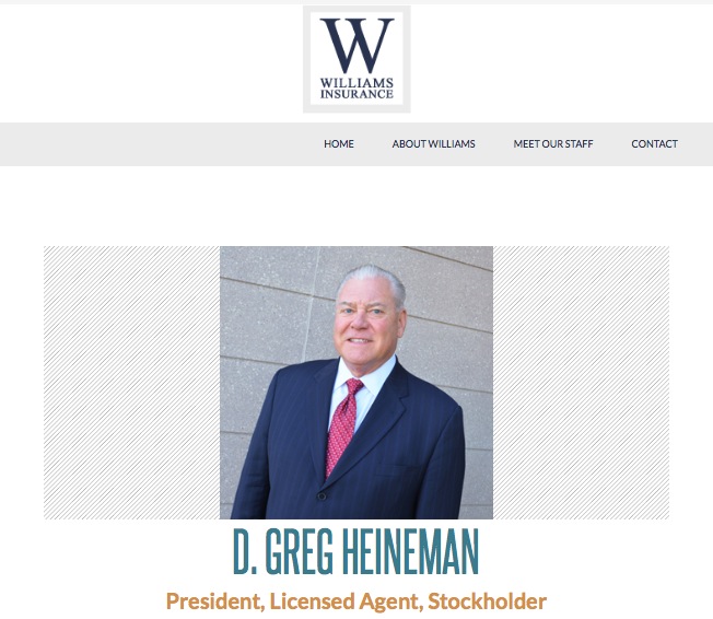 D. Greg Heineman, president and owner, Williams Insurance. Screen cap, williams-inc.com, 2016.03.02.