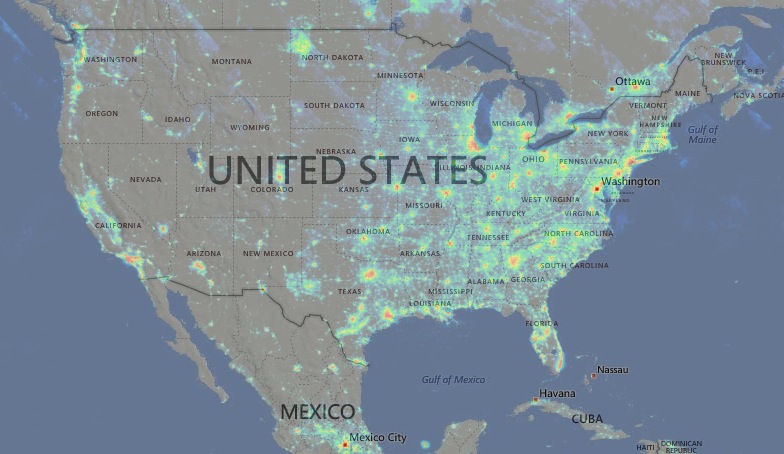2014 light pollution map, from LightPollutionMap.info