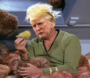 Trump as Kirk with Tribbles