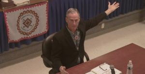 Governor Dennis Daugaard tells Indians how to spend their money. Screen cap from Rosebud Sioux Tribe council meeting, 2016.04.21.